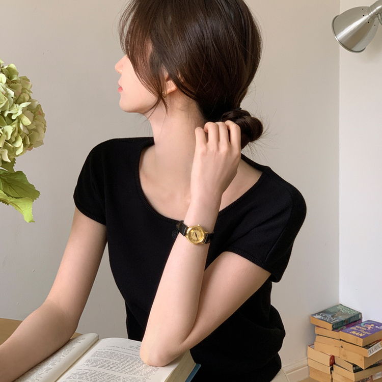 （MADE／絶妙カラー展開／刺繍ポイント♥）Petite Note No.18 ノエリー キャップスリーブ 刺繍入り サマーニット BLACK