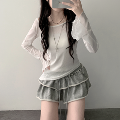 長袖Tシャツ 【SET カップ付き】アンバランスシースルーTシャツ キャミソール IVORY