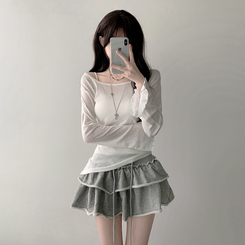 長袖Tシャツ 【SET カップ付き】アンバランスシースルーTシャツ キャミソール IVORY