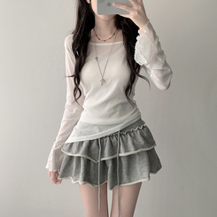 長袖Tシャツ 【SET カップ付き】アンバランスシースルーTシャツ キャミソール IVORY