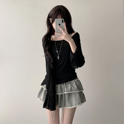 長袖Tシャツ 【SET カップ付き】アンバランスシースルーTシャツ キャミソール BLACK