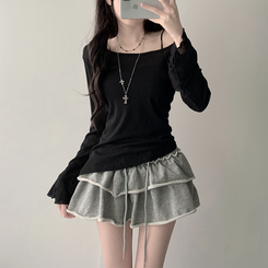 長袖Tシャツ 【SET カップ付き】アンバランスシースルーTシャツ キャミソール BLACK