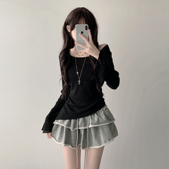 長袖Tシャツ 【SET カップ付き】アンバランスシースルーTシャツ キャミソール BLACK
