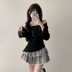 長袖Tシャツ 【SET カップ付き】アンバランスシースルーTシャツ キャミソール BLACK