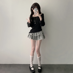長袖Tシャツ 【SET カップ付き】アンバランスシースルーTシャツ キャミソール BLACK