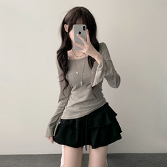 長袖Tシャツ 【SET カップ付き】アンバランスシースルーTシャツ キャミソール GREY