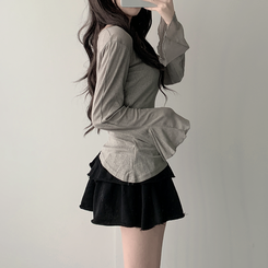 長袖Tシャツ 【SET カップ付き】アンバランスシースルーTシャツ キャミソール GREY