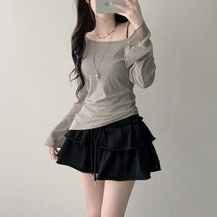 長袖Tシャツ 【SET カップ付き】アンバランスシースルーTシャツ キャミソール GREY