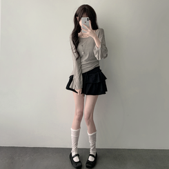 長袖Tシャツ 【SET カップ付き】アンバランスシースルーTシャツ キャミソール GREY