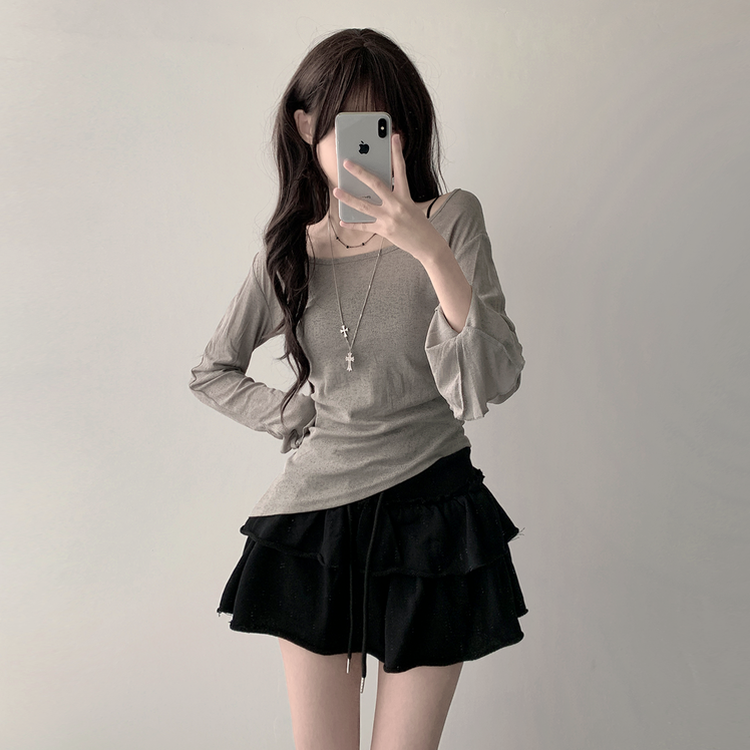 【SET カップ付き】アンバランスシースルーTシャツ キャミソール GREY