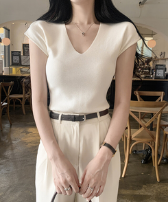 ニット Vキャップスリーブサマーニット(5color) IVORY