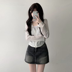 ツーピース 【SET着用可能】シースルーフードジップアップ デデニムスカート IVORY-HOODIE ZIP-UP