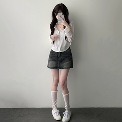 ツーピース 【SET着用可能】シースルーフードジップアップ デデニムスカート IVORY-HOODIE ZIP-UP