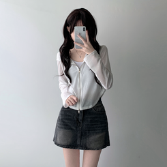 ツーピース 【SET着用可能】シースルーフードジップアップ デデニムスカート IVORY-HOODIE ZIP-UP