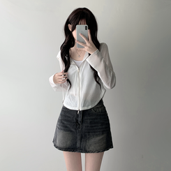 ツーピース 【SET着用可能】シースルーフードジップアップ デデニムスカート IVORY-HOODIE ZIP-UP