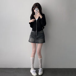 ツーピース 【SET着用可能】シースルーフードジップアップ デデニムスカート BLACK-HOODIE ZIP-UP