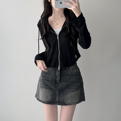 ツーピース 【SET着用可能】シースルーフードジップアップ デデニムスカート BLACK-HOODIE ZIP-UP