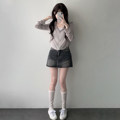 ツーピース 【SET着用可能】シースルーフードジップアップ デデニムスカート GRAY-HOODIE ZIP-UP
