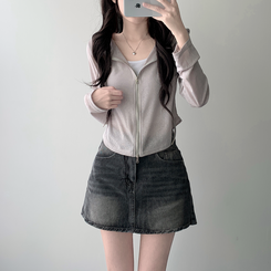 ツーピース 【SET着用可能】シースルーフードジップアップ デデニムスカート GRAY-HOODIE ZIP-UP