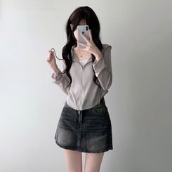 ツーピース 【SET着用可能】シースルーフードジップアップ デデニムスカート GRAY-HOODIE ZIP-UP