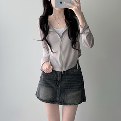 ツーピース 【SET着用可能】シースルーフードジップアップ デデニムスカート GRAY-HOODIE ZIP-UP