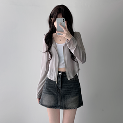 ツーピース 【SET着用可能】シースルーフードジップアップ デデニムスカート GRAY-HOODIE ZIP-UP