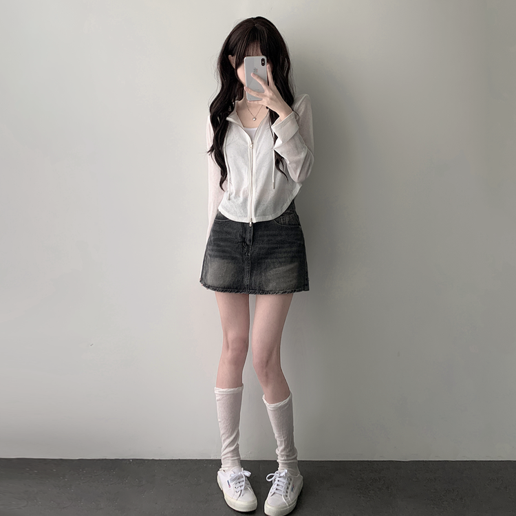 【SET着用可能】シースルーフードジップアップ デデニムスカート IVORY-HOODIE ZIP-UP