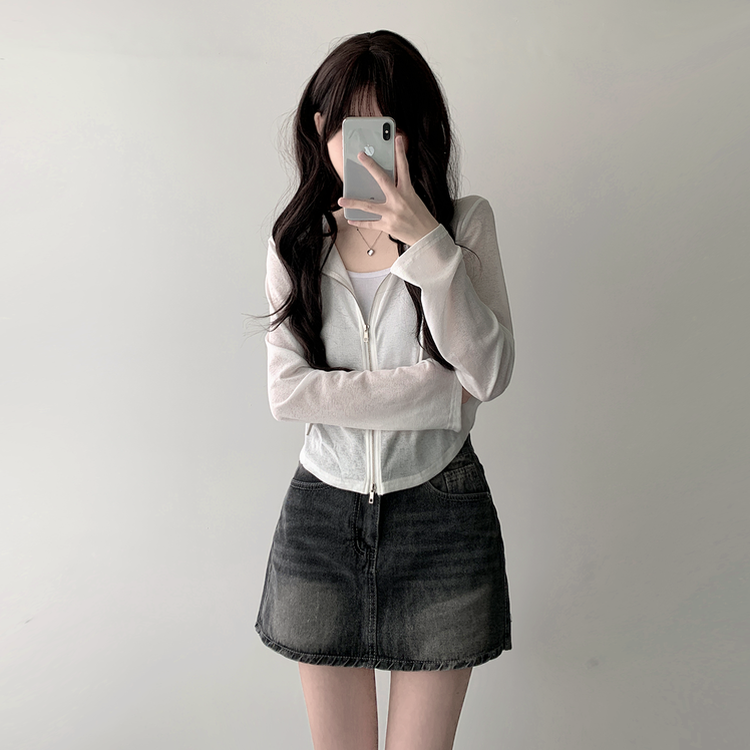 【SET着用可能】シースルーフードジップアップ デデニムスカート IVORY-HOODIE ZIP-UP
