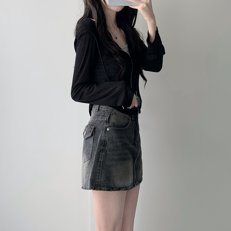 【SET着用可能】シースルーフードジップアップ デデニムスカート BLACK-HOODIE ZIP-UP