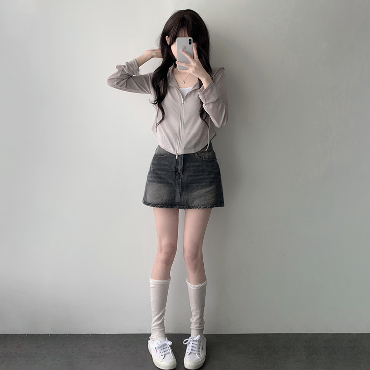 【SET着用可能】シースルーフードジップアップ デデニムスカート GRAY-HOODIE ZIP-UP