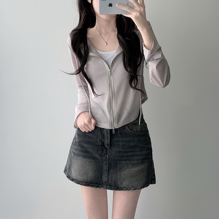 【SET着用可能】シースルーフードジップアップ デデニムスカート GRAY-HOODIE ZIP-UP