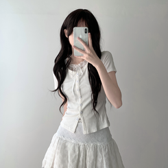 【SET着用可能】リボン半袖カーディガン レースミニスカート(5color)