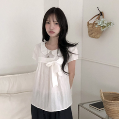 刺繍パンチングリボン半袖ブラウス IVORY