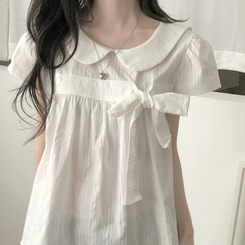 刺繍パンチングリボン半袖ブラウス IVORY