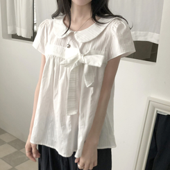 刺繍パンチングリボン半袖ブラウス IVORY