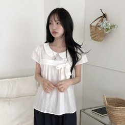 刺繍パンチングリボン半袖ブラウス IVORY