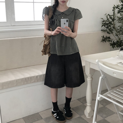 刺繍パンチングリボン半袖ブラウス DEEP GREEN