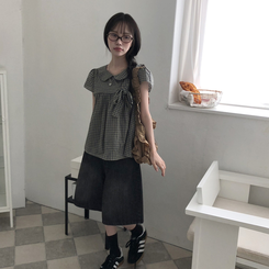 刺繍パンチングリボン半袖ブラウス DEEP GREEN