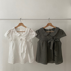 刺繍パンチングリボン半袖ブラウス