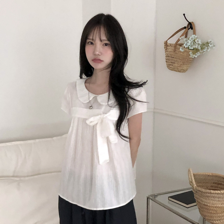 刺繍パンチングリボン半袖ブラウス IVORY