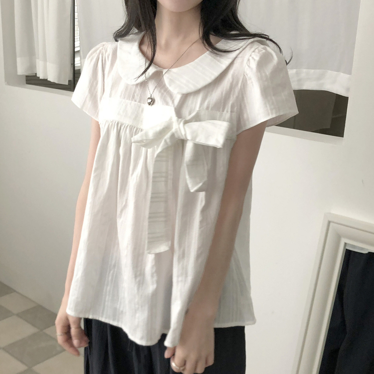 刺繍パンチングリボン半袖ブラウス IVORY