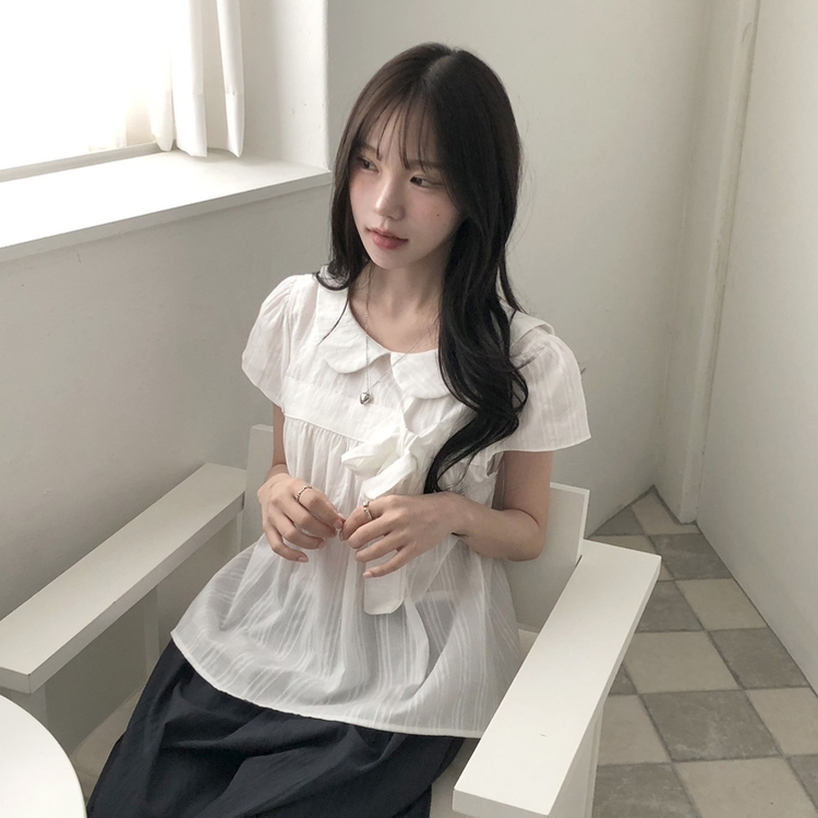 刺繍パンチングリボン半袖ブラウス IVORY