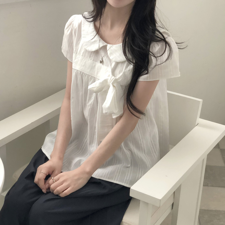 刺繍パンチングリボン半袖ブラウス IVORY