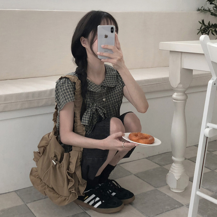 刺繍パンチングリボン半袖ブラウス DEEP GREEN