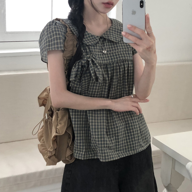 刺繍パンチングリボン半袖ブラウス DEEP GREEN