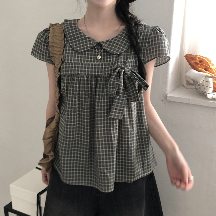 刺繍パンチングリボン半袖ブラウス DEEP GREEN