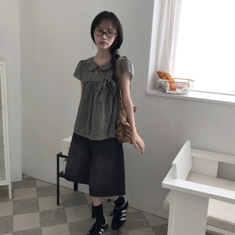 刺繍パンチングリボン半袖ブラウス DEEP GREEN