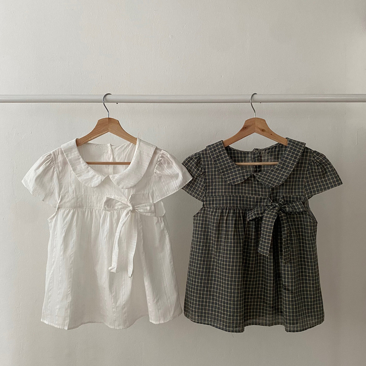 刺繍パンチングリボン半袖ブラウス