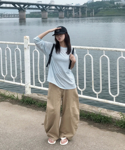 コットンパンツ スリットコットンバルーンワイドパンツ BEIGE