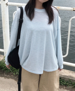 長袖Tシャツ サマーストライプシースルー長袖Tシャツ SKY BLUE